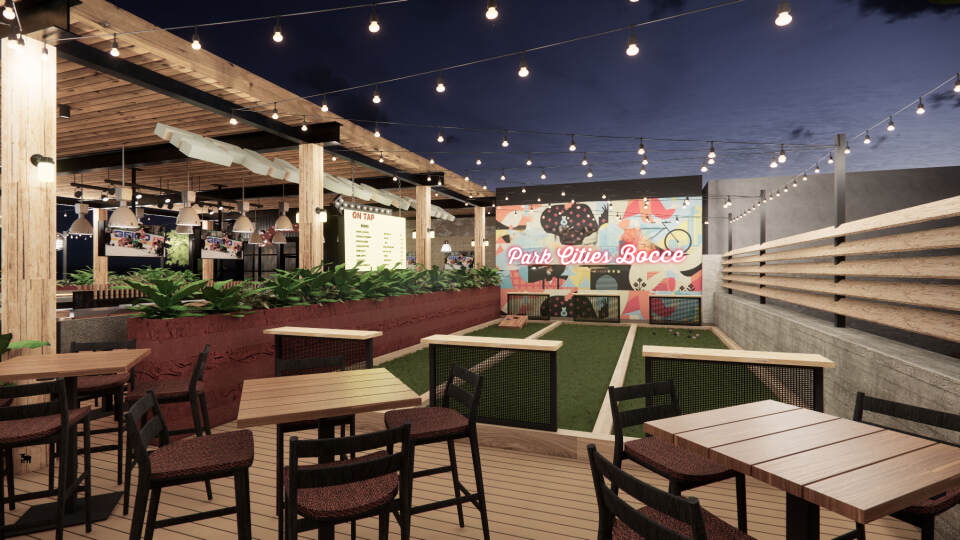 CRAFT Beer Market Outdoor bocce ball court area with string lights, wooden tables and chairs, greenery, and a colorful "Park Cities Bocce" mural at dusk.