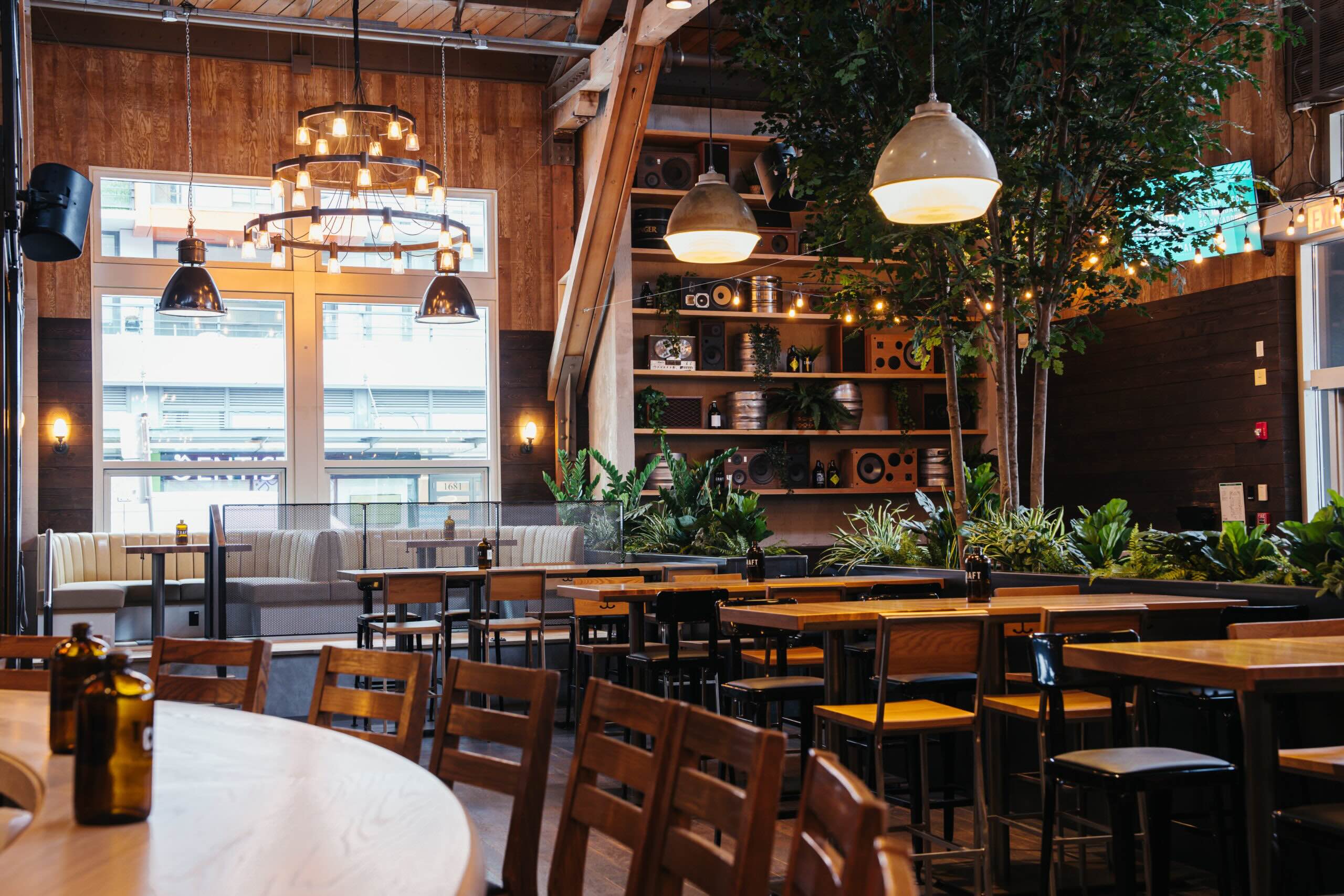 CRAFT Beer Market A modern, well-lit restaurant interior with wooden tables and chairs, large windows, potted plants, and decorative shelves on the wall.