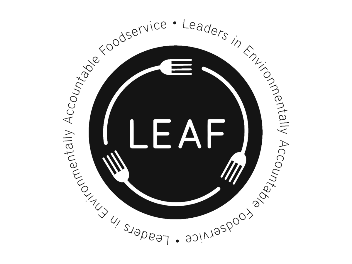 CRAFT Beer Market Circular LEAF logo with three forks forming a circle around the word "LEAF;" surrounding text reads "Leaders in Environmentally Accountable Foodservice." Perfect for group bookings and events featuring craft beers and cocktails.
